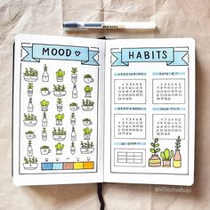 an open planner with plants and the words mood habitts written in blue on it