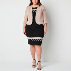 This Maya Brooke women's plus jacket and dress set is a super chic one-and-done that will have you looking polished in no time. Made from a stretch-knit, the set includes a sleeveless knee-length sheath dress with embellished detail, plus a coordinating 3/4 sleeve jacket with an open front design. # Pieces In Set: 22nd Piece Description: Jacket2nd Piece Sleeve Style: Fitted Sleeve2nd Piece Sleeve Length: 3/4 Sleeves2nd Piece Fabric: Knit2nd Piece Fiber Content: 96% Polyester, 4% Spandex2nd Piece Jacket Dresses, Sleeve Jacket, Dress Set, Front Design, Sheath Dress, Set Dress, Jacket Dress, Sleeve Styles, Stretch Fabric