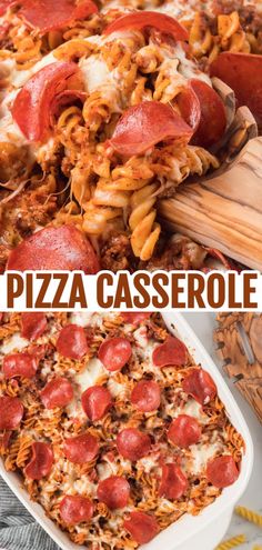 this pizza casserole has pepperoni, cheese and pasta in it for the toppings