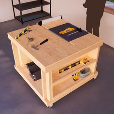 a workbench with tools on it in a room