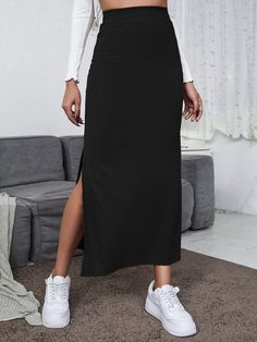 2 Pencil Skirt Outfits Casual, Thigh Skirt, Black Skirt Outfits, Long Pencil Skirt, Pencil Skirt Outfits, Rock Outfit