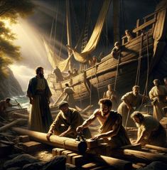 a painting of men working on a boat