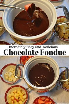 there are two pictures of chocolate fondant and fruit in bowls with spoons on the table