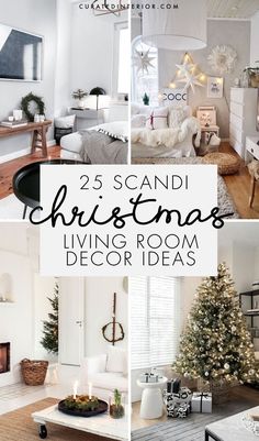 christmas living room decorating ideas with white furniture and decorations on the walls, including a fireplace