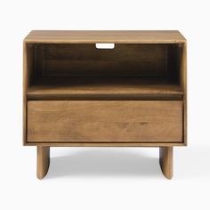 a wooden nightstand with two drawers on one side and an open drawer on the other