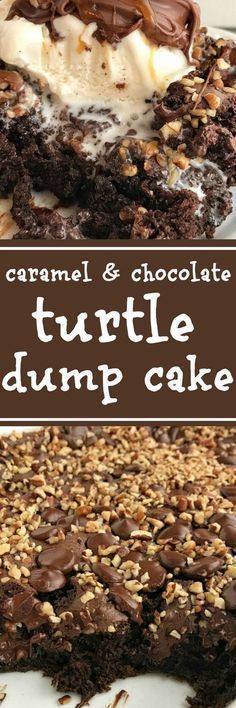 chocolate turtle dump cake with caramel and chocolate on top