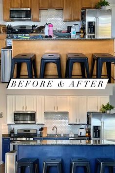 before and after photos of a kitchen island with stools on it, in front of the counter