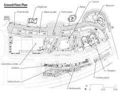 the ground plan for an airport with all its components labeled in black and white ink