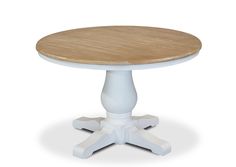 a round wooden table with two white pedestals on each side and an unfinished wood top