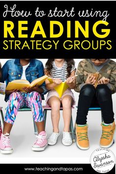 four children sitting on a bench reading books with the text how to start using reading strategy groups