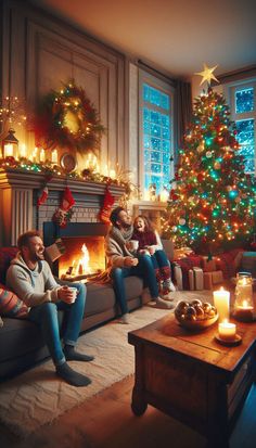 three people sitting on a couch in front of a christmas tree with lit fireplaces