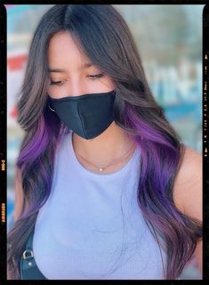 Hair Color Idea - Peekaboo Highlights Ideas Hair Peekaboo Color Brunettes, Hair Color Ideas Underneath Colour Purple, Purple Peak A Boo Highlights, Brunette Hair With Purple Peekaboos, What To Dye My Hair, Dark Brown Hair With Purple Peekaboos, Colored Peekaboo Highlights, Boho Hair Color Ideas, Brown Hair With Purple Peekaboos