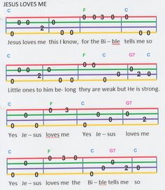 sheet music for children with the words jesus loves me and little ones to be - long, they are weak he is strong