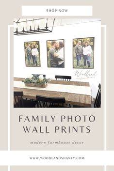 this pin features a photo of a set of 3 family photo prints displayed in a modern farmhouse dining room setting. Living Room Decor With Photos, Room Decor With Photos, Decor With Photos, Photo Wall Prints, Picture Wall Living Room, Family Pictures On Wall, Family Photo Wall, Farmhouse Wall Art, Photo S