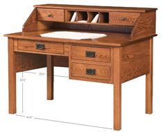 a wooden desk with two drawers and a drawer on the bottom shelf, measurements for each drawer