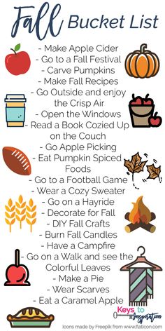 the fall bucket list is shown in this image