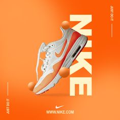 an orange and white nike shoe with the word nike above it