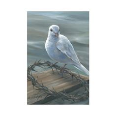 a painting of a white bird sitting on top of a piece of wood