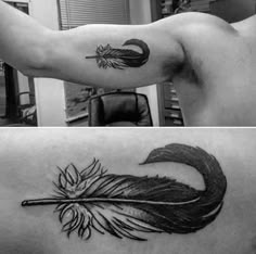 two different tattoos on the back of men's bodies, one with an arrow and another with a feather