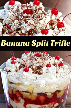 banana split trifle with whipped cream and cherries