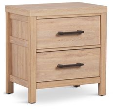 a wooden nightstand with two drawers on one side and an open drawer on the other