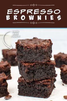 chocolate espresso brownies stacked on top of each other with text overlay