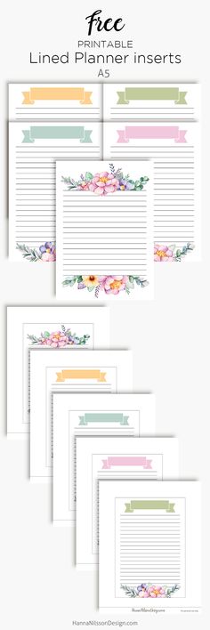 five lined planner inserts with flowers on them