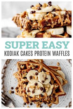 two pictures with the words super easy kodiak cakes protein waffles on them