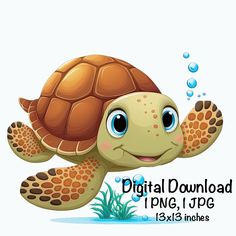 an image of a turtle with bubbles on it's head and the words digital download