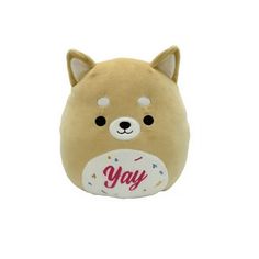 a brown stuffed animal with the word yay on it's chest and eyes