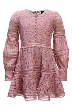 Fabric-covered buttons fall down the front of this long-sleeve party dress covered in soft lace that'll keep your kiddo looking their best. Stretch lining 45% cotton, 40% polyamide, 15% viscose Hand wash, line dry Imported Fitted Lace Dress For Dress-up In Spring, Long Sleeve Pink Dress For Dress-up, Elegant Spring Dress-up Long Sleeve Dress, Elegant Long Sleeve Dress For Spring Dress-up, Elegant Long Sleeve Spring Dress For Evening, Long Sleeve Lace Dress For Dress-up, Spring Long Sleeve Dress-up Dresses, Fitted Long Sleeve Dress For Spring Dress-up, Long Sleeve Lace Dress For Fall