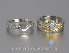 "Simple yet sophisticated, the ECLIPSE engagement set is full of meanings and symbolism. The engagement ring features a rainbow moonstone as the center of the 18K yellow gold eclipsed Sun. Beautiful on its own, the ring reaches its full magnificence when united with the starred white gold wedding band. The crescent Moon and the Sun, seen by the ancients as the God and the Goddess, a symbol of the duality of deity, create a powerful image of the equal balance of male and female. And aren't they a Sun And Moon Eclipse, Engagement And Wedding Ring Set, Moon And The Sun, Engagement And Wedding Ring, Sun Beautiful, White Gold Wedding Band, Moon Eclipse, Engagement Sets, White Gold Wedding Bands