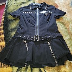 Current Mood Pleated Black Mini Dress With Chains And Studs Nwt Size Xl But Fits A Medium Masc Femme Fashion, Mall Goth Dress, Abby Ncis, Dress With Chains, Japanese Fashion Harajuku, Harajuku Dress, Art Maker, Punk Dress, Punk Outfits