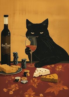 a black cat sitting at a table with wine and cheese