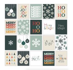 christmas cards with different types of ornaments and snowflakes hanging from strings on them