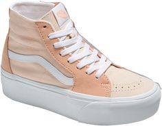 High-top Platform Skate Shoes For Sports, Trendy Platform Skate Shoes, Sporty High-top Skate Shoes, Pink Vulcanized Sole Skate Shoes, Pink Skate Shoes With Vulcanized Sole, Casual Round Toe Skate Shoes, Spring Skateboarding Shoes With Round Toe, Vans High-top Skate Shoes, Spring Vulcanized Skate Shoes