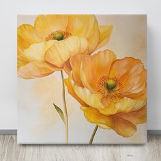 an oil painting of two yellow flowers on a white wall with wood flooring in the foreground