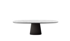 a round table with a white marble top and black base, against a white background