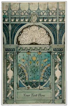 an art nouveau style door with peacocks and flowers on the front, surrounded by arches