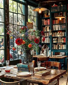 a table with flowers in a vase on top of it and bookshelves behind it