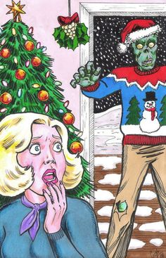 a drawing of a woman in front of a christmas tree with an evil man standing next to her