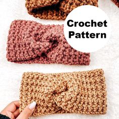 three crochet headbands with text overlay that says,'crochet pattern '