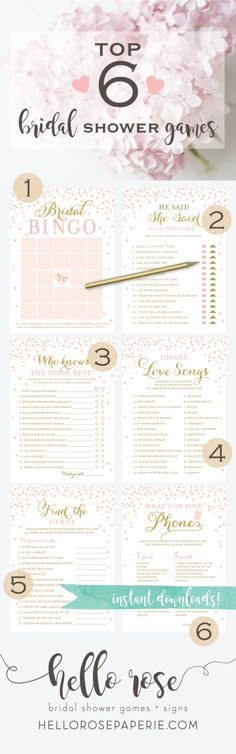 the top 6 bridal shower games for your wedding day info sheet is shown here