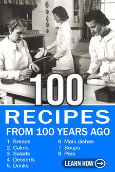 the cover of 100 recipes from 10 years ago, with three women in aprons preparing food