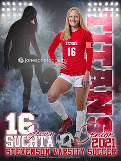 a female soccer player is posing for a photo with her team name and the number 16