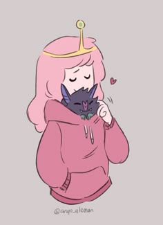 a girl with pink hair and a crown on her head holding a black cat in her arms