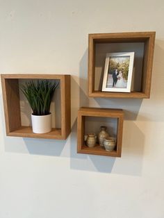 two square wooden shelves with plants and pictures on them