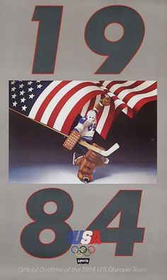 an advertisement for the winter olympics featuring a man holding a flag and standing on top of a snowboard