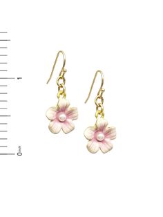 These fresh cherry blossom earrings are beautifully crafted with soft pink & white enamel details and set in the center with a freshwater pearl. This piece is inspired by sakura, the Japanese term for cherry trees and their lovely pink flowers. Although originally found in Asia, cherry blossoms have come to symbolize spring in Washington, DC., after a gift of 3,000 cherry trees from the mayor Yukio Ozaki of Tokyo to America's capitol in 1912. Gold Plated ear wires and details have a soft matte g Pink Enamel Jewelry With Flower Charm, Pink Enamel Flower-shaped Jewelry, Pink Flower-shaped Enamel Earrings, Pink Flower Enamel Earrings, Pearl Drop Earrings As Spring Gifts, Delicate Pink Birth Flower Earrings, Spring Flower Enamel Earrings, Pink Enamel Flower-shaped Earrings, Pink Birth Flower Shaped Earrings