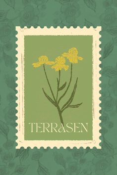 a stamp with flowers on it and the words terrasen written in white ink, against a green background